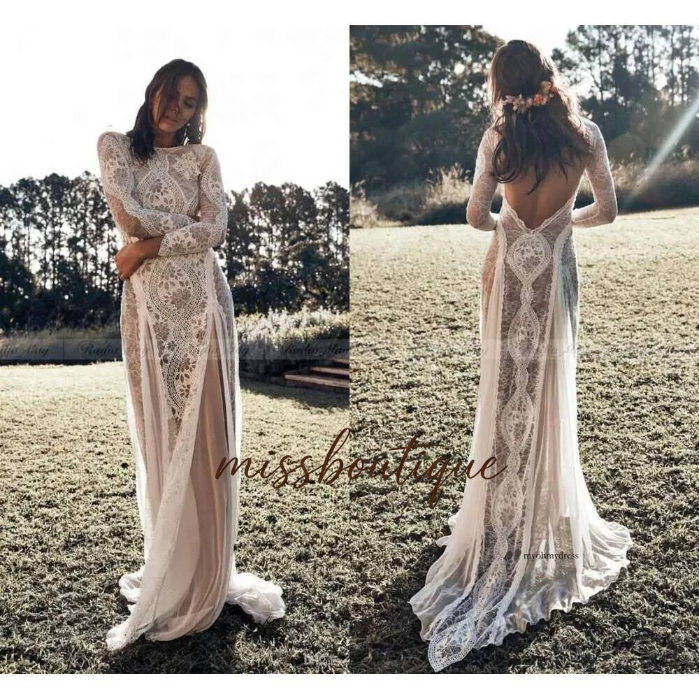 2021 Vintage Lace Boho Beach Dresses Long Sleeve Applique Backless Country Style Bohemian Wedding Dress Bridal Gowns Hippie Gypsy Vestido 0509 Q84