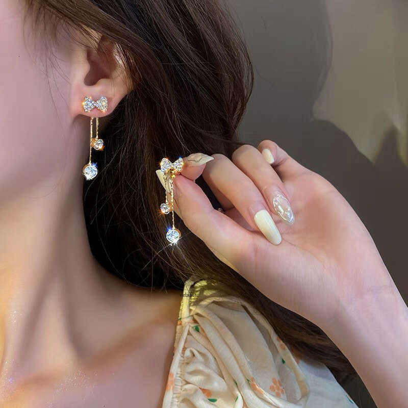 925 silver needle bow earrings, 2025 new model, trendy women's light luxury high-end long tassel stud earrings