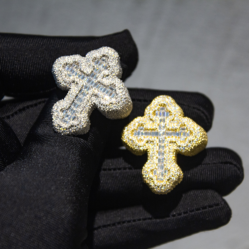 Hip Hop Rings Jewelry S925 Sterling Silver With Gold Plated Custom Iced Out VVS1 Baguette Cut Moissanite Cross Ring