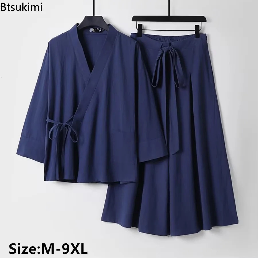 Chinese Style Cotton Linen Sets Men's Kimono Lace-up Tops and Pantskirt Two Pieces Male Casual Traditional Clothes Tang Suit 8XL 260805