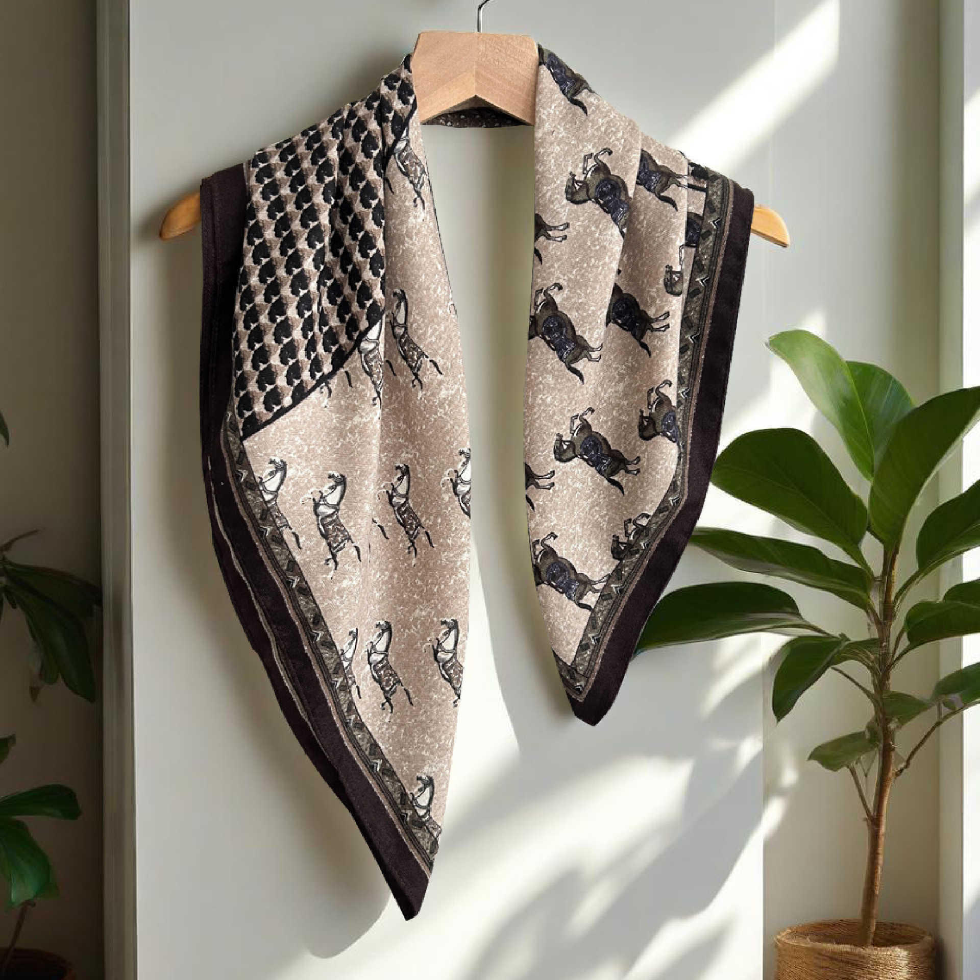 British high-end four-tone color block horse print cotton-linen silk scarf for women elegant printed scarf spring and autumn fashion neck scarf L260