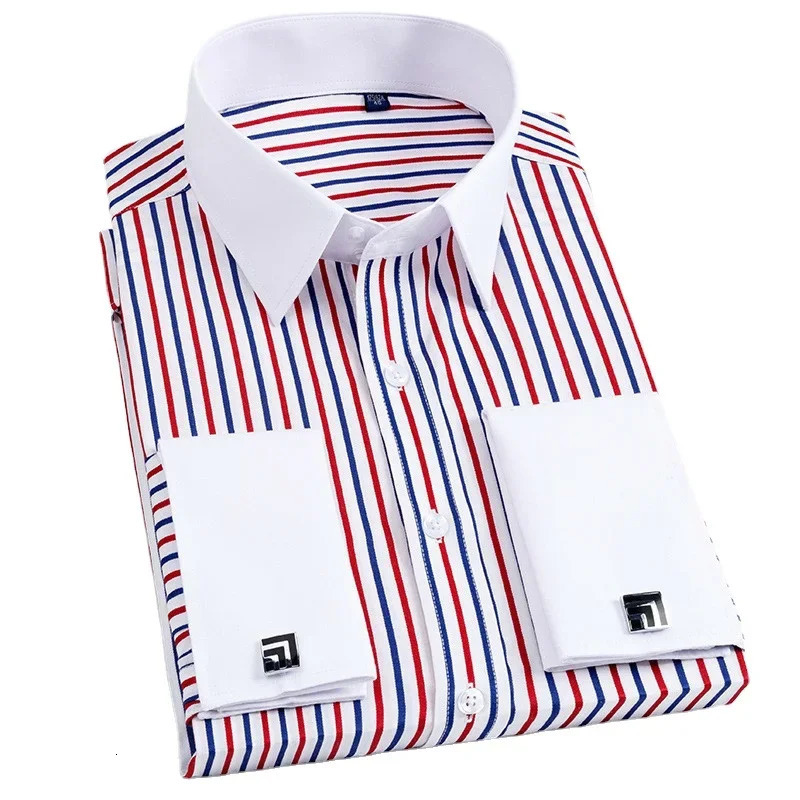 Quality Men Casual Slim Fit Shirt Mens Long Sleeve Business Dress Shirts French Cufflinks Shirt Male Striped Shirt 260805