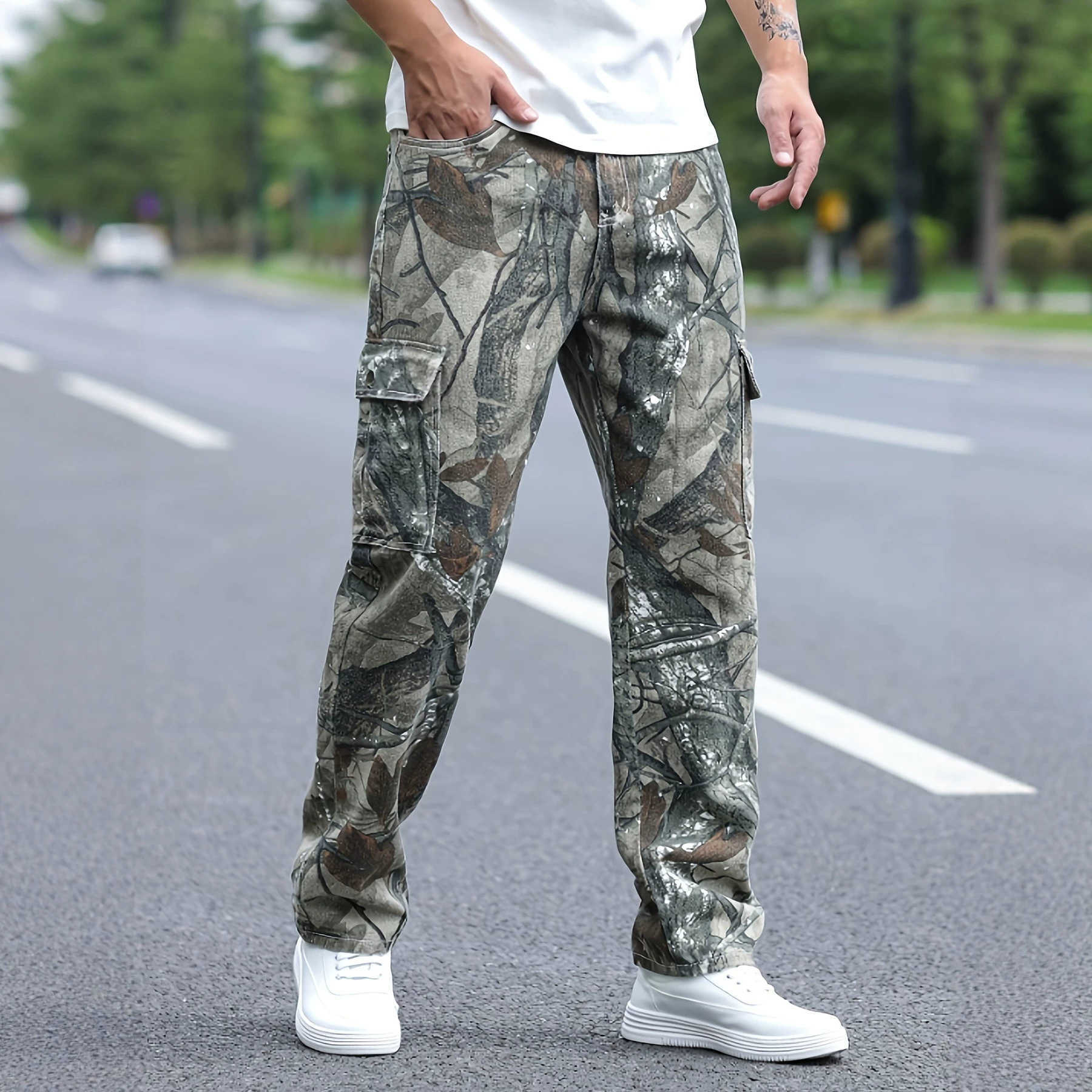 Men's jeans trendy high street printed color-block pocket workwear casual loose men's trousers TEMU S260804ZSFS