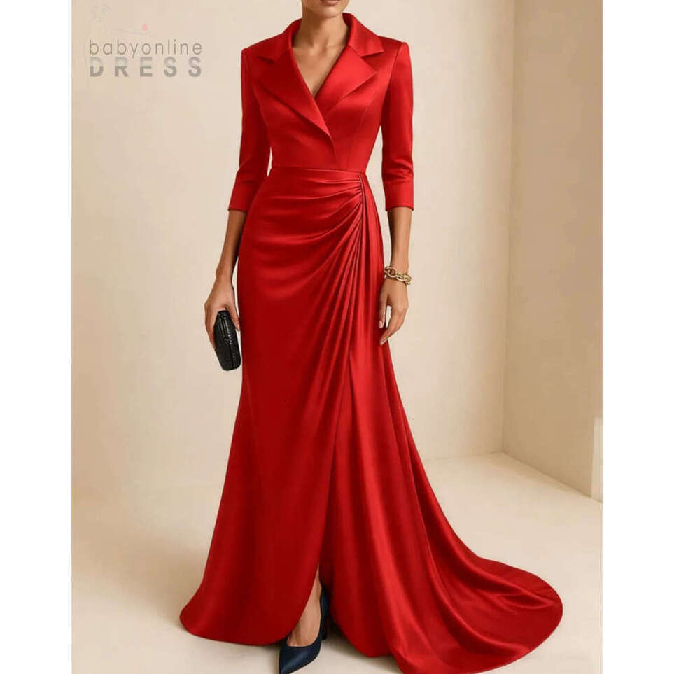 Elegant Long Sleeve Satin V Neck Evening With Split Mermaid Pleated Zipper Back Prom Dress Sweep Train Party Dresses For Women