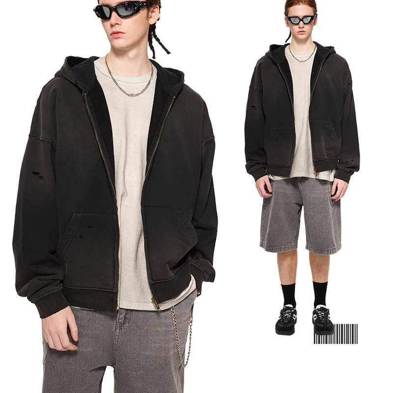 Hoodie Designer Wasteland Style Mens Clothing Pure Cotton Washed And Distressed Zipper Sweatshirt American Streetwear Hooded Outerwear