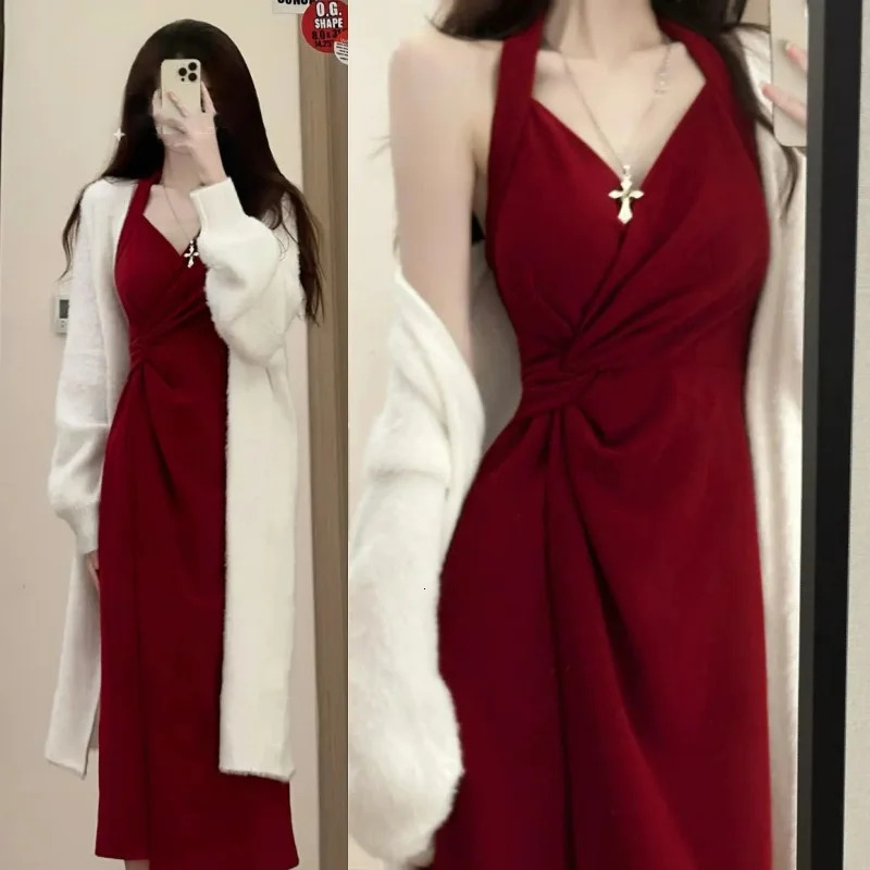 Two Piece y Temperament Women White Sweater Red Dress Set Fashion Casual Elegant Chic Sexy Midi Bodycon Sling Dresses Suit 260805