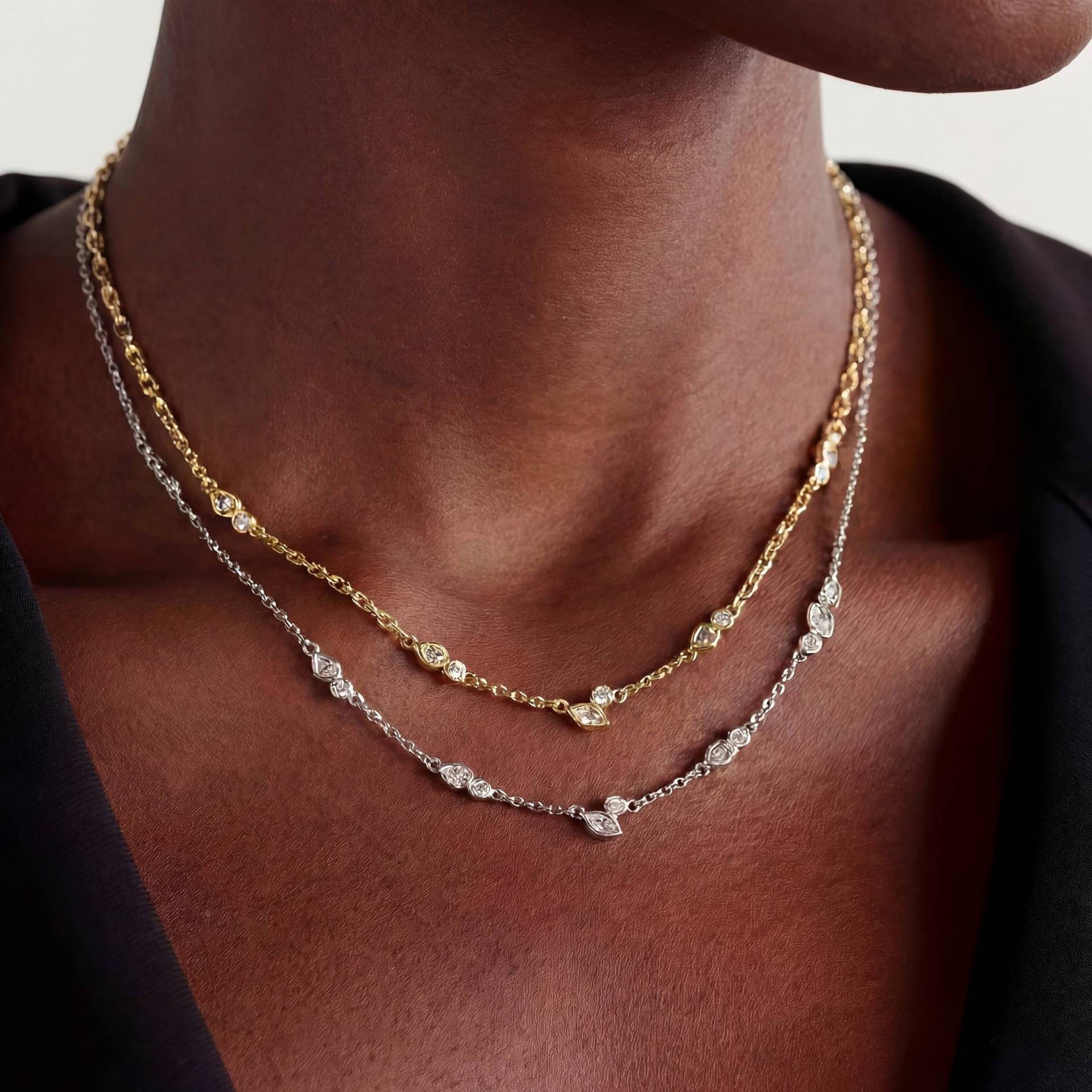 vintage jewelry, gold and silver two-tone water drop diamond necklace, elegant everyday light luxury collarbone chain, Christmas