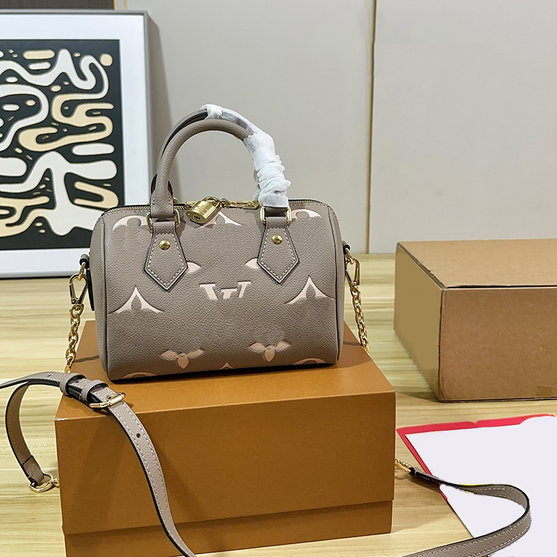 2026 New Designer Mini Boston Bag for Women Korean Style Embossed Gold Hardware PU Leather Trendy Niche Casual Versatile High End Shoulder Crossbody