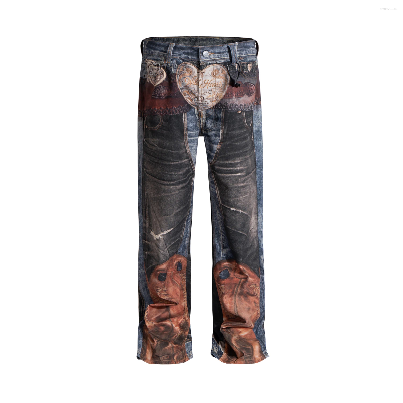 Men's Jeans High Street 3D Print Patchwork Baggy For Men Straight Vintage Color Match Casual Ropa Hombre Denim Trousers Oversized