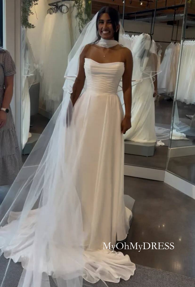 Strapless A Line Boho Wedding Dress Simple White Ivory Long Bridal Gown Pleats Sweetheart Neckline Lace Up Back Chapel Train Backless Beach Summer B