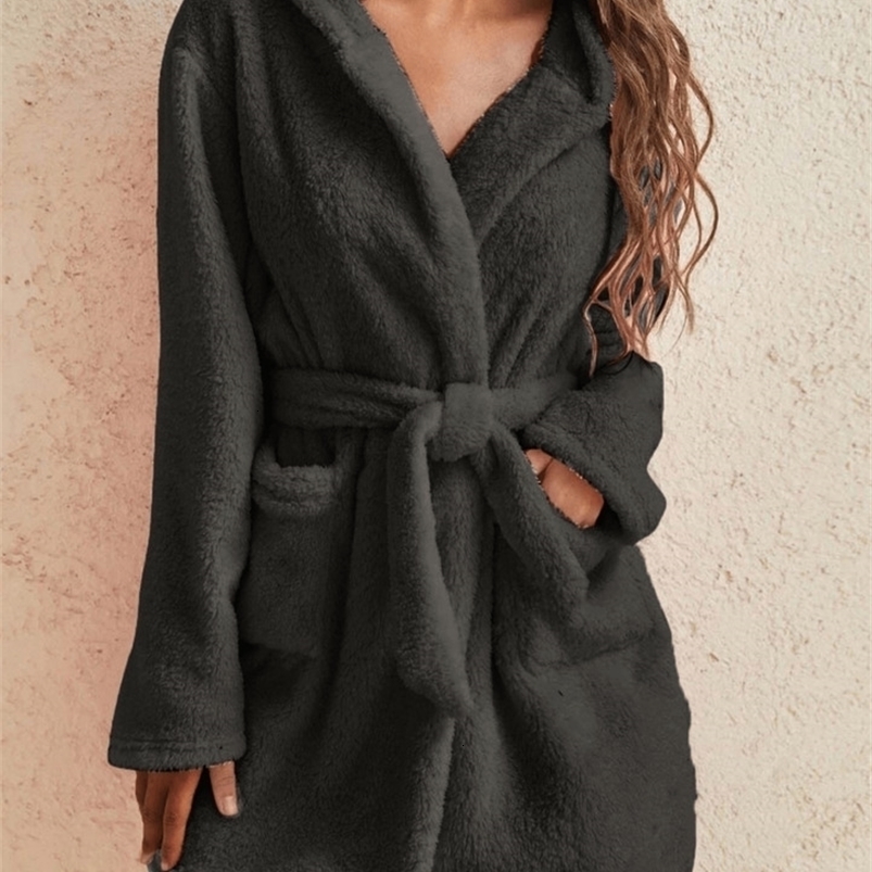 1 piece of womens solid color hooded robe with belt cozy and warm fleece pajamas for home wear in autumn and winter 260730