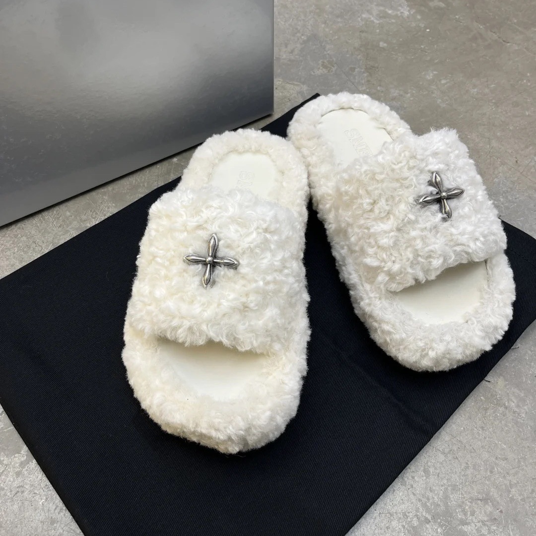 Designer Autumn And Winter Fuzzy High Quality! Same Style As Xuan Yi's SMFK Cross-Patterned Furry Slippers Black Velvet Thick-Soled Outdoor Sli