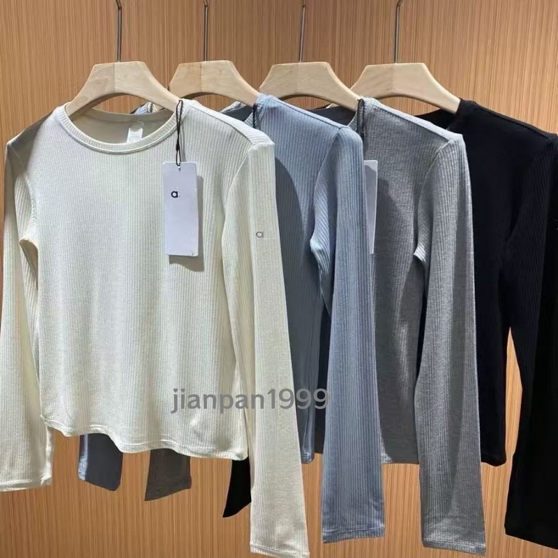 Women's Long-Sleeve Sports Fitness T-Shirt Fall/Winter Yoga Top Cotton Super-Stretch Ribbed Cotton Thermal Base Layer Long-Sleeve Knit Base Lay