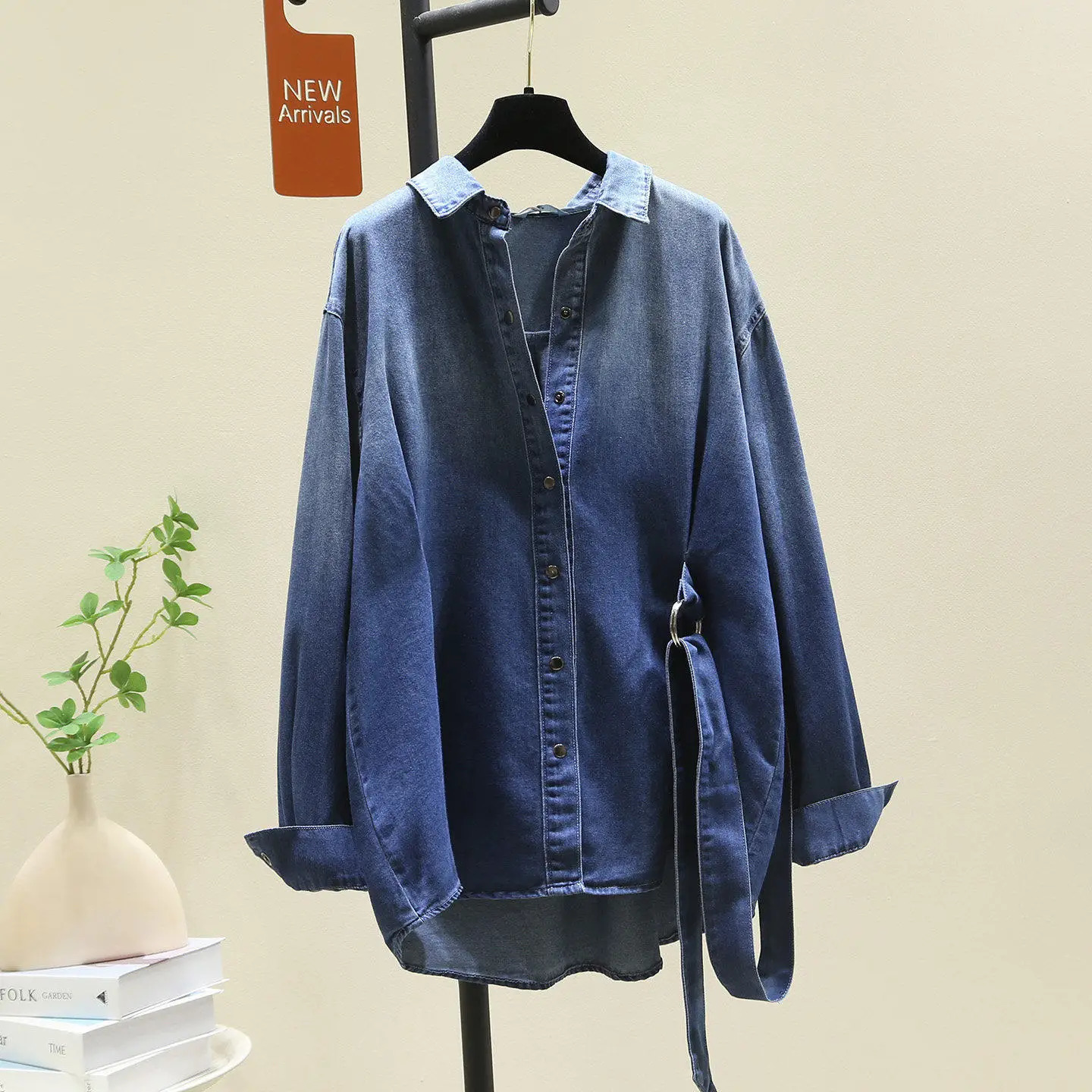 SuperAen n Laceup Highwaisted Denim Shirt for Women Spring Vintage Korean Style Loose Longsleeved Casual Shirts 260730