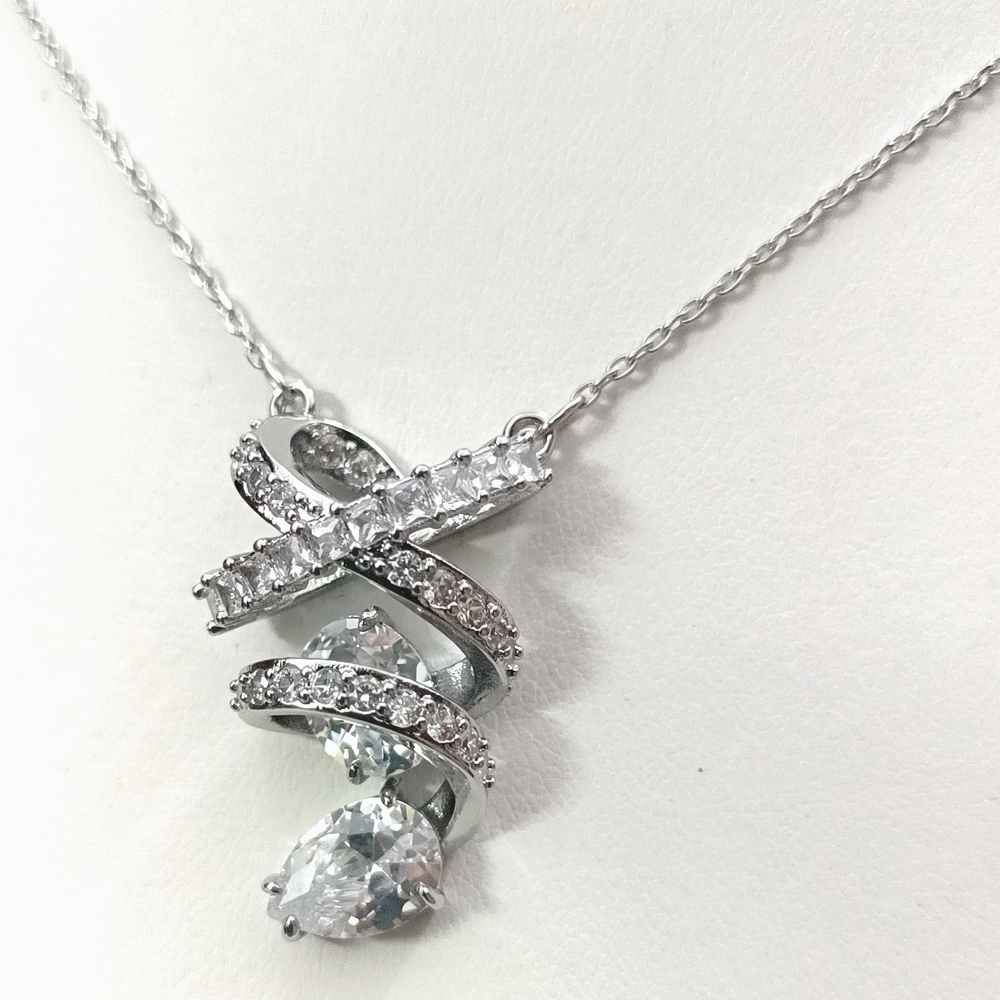 Wrapped ribbon, water drop diamond necklace, silver full diamond twisted pattern interwoven pendant, light luxury, high-end feeling, collarbone chai