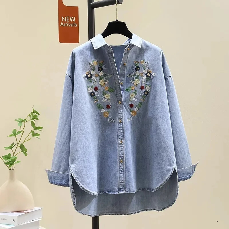 HighQuality Blue Denim Shirt Womens 2026 Spring Autumn Cowboy Coat Female Embroidered Loose Jacket Casual Chic Outwear Top 260730