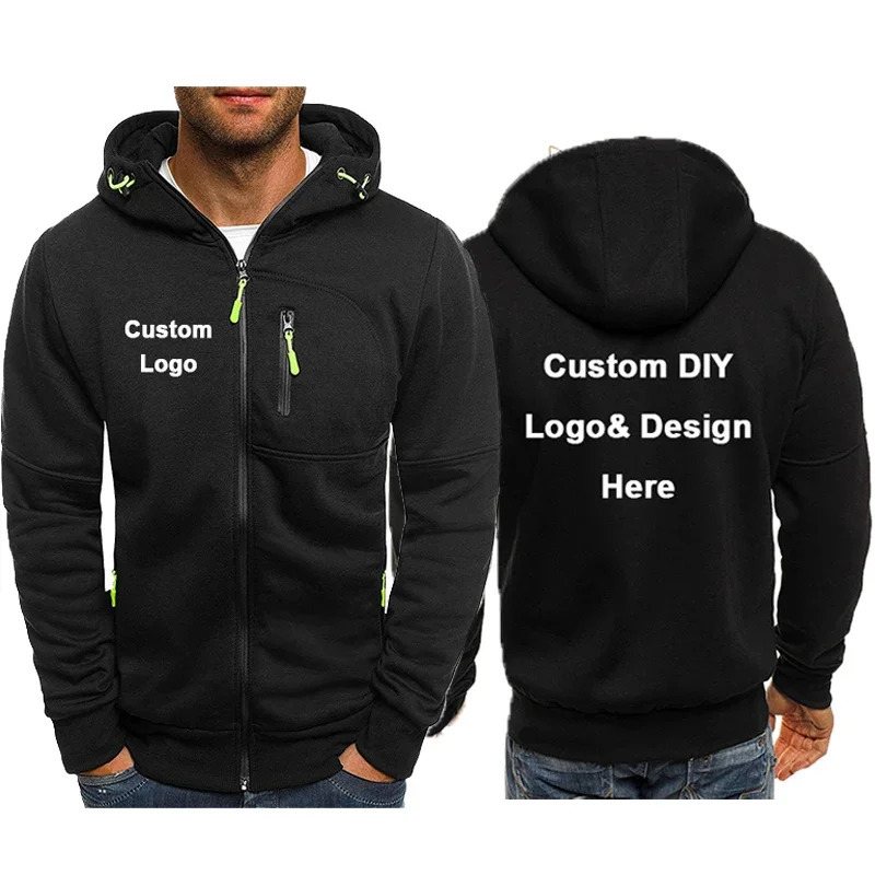 Men's hooded zipper jacket with pockets custom image text casual sports streetwear men's cardigan wool sweater fashion 260805