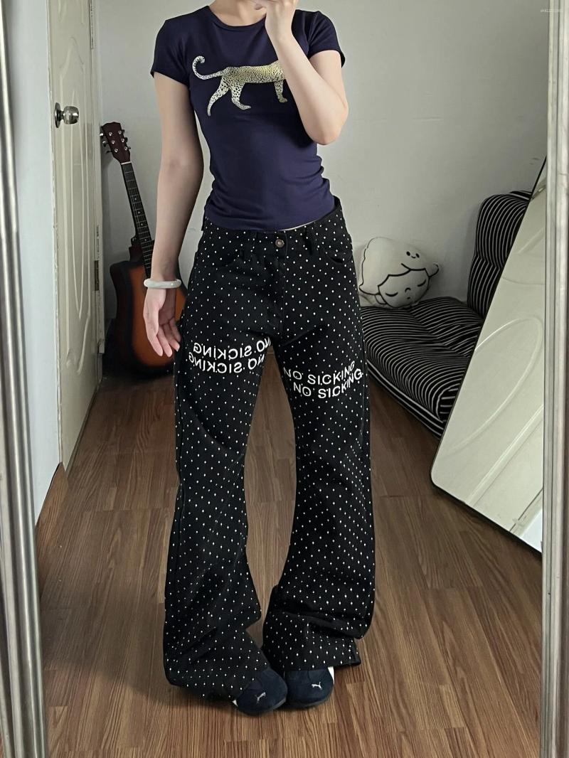 Men's Jeans Black White Polka Dot Asymmetrical Color Block Denim Low Waist Straight Leg Pants With Lettering For Women Summer Wear