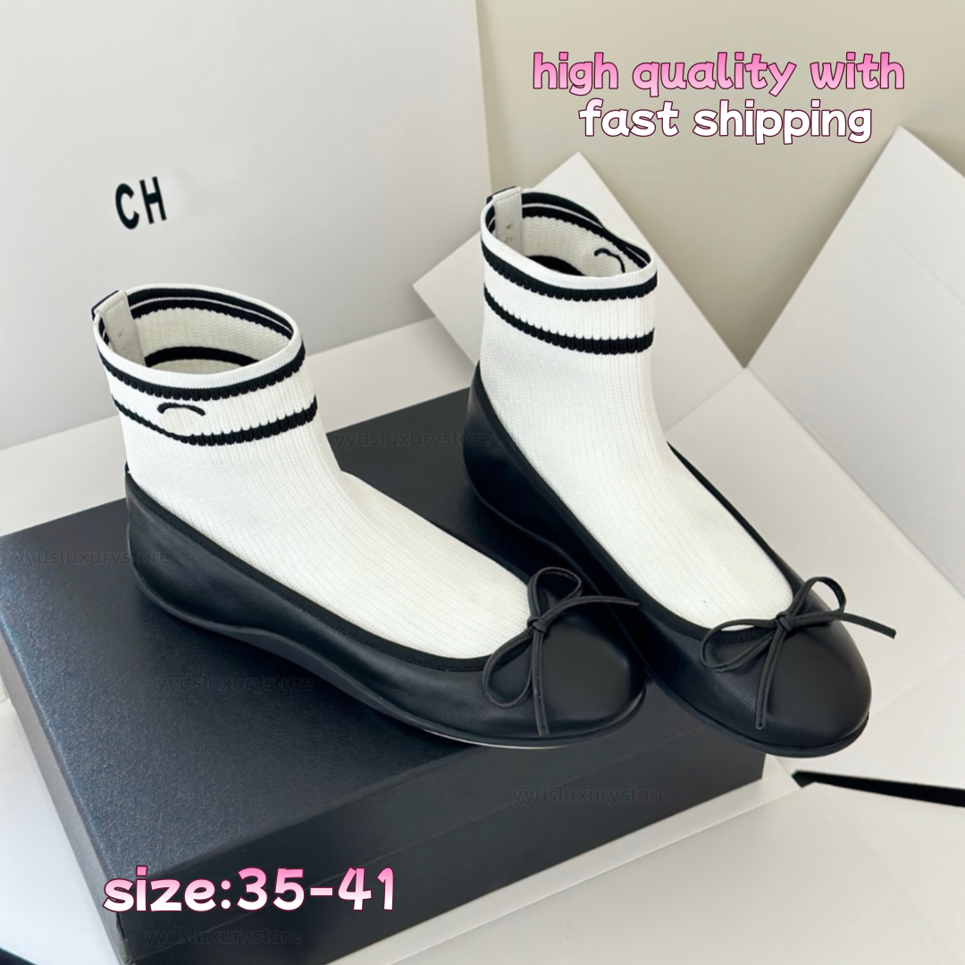 2026 a/w designer Boots Women Fashion Striped Knit Sock Boots Luxury Bow Ballet Flats Ankle Booties High Quality Elastic Stretch Sock Boot 35-41