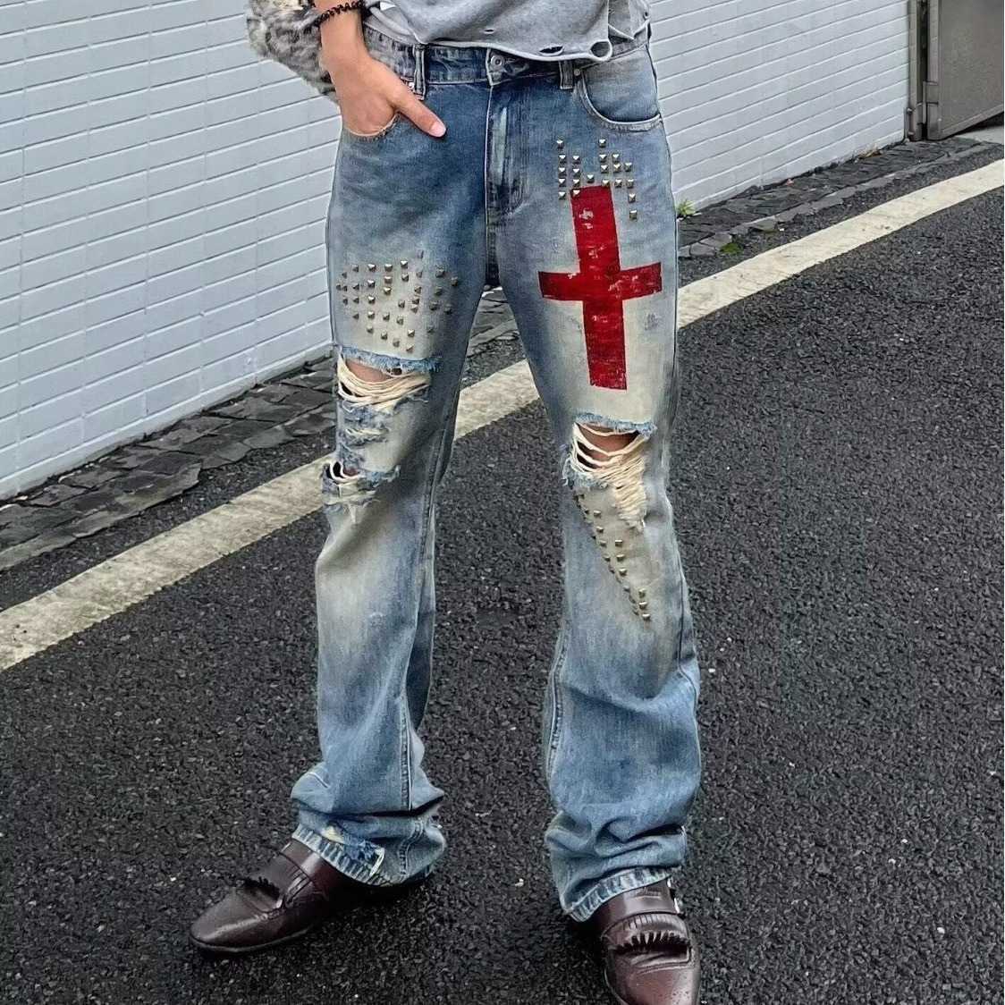 Spring trendy men's jeans with ripped knees and rivets unique vintage straight-leg distressed versatile long pants S260804G4GX