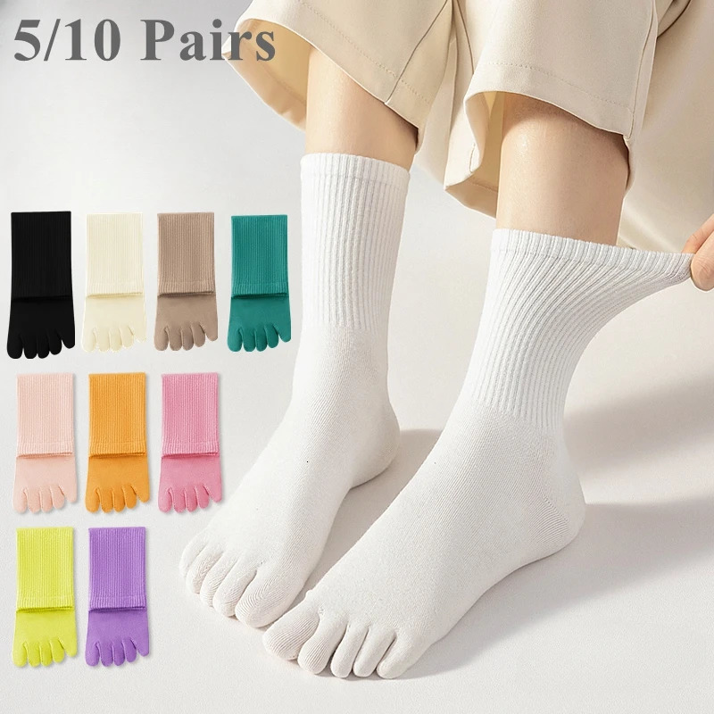 5 or 10 Pairs Women Sports Toe Socks with Separate Fingers High Tube Five Finger Cotton Crew Socks Yoga High Quality 260731