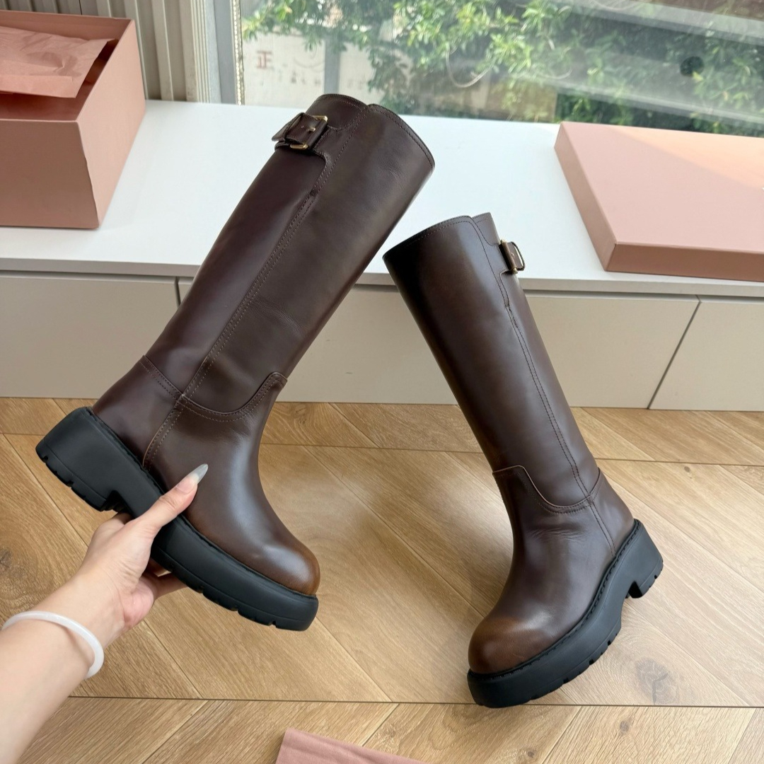 Metal Buckle Embelished Genuine Leather Knee High Boots Luxury designer women slip om round toe chunky heel knight boots Fashion ladies fall winter