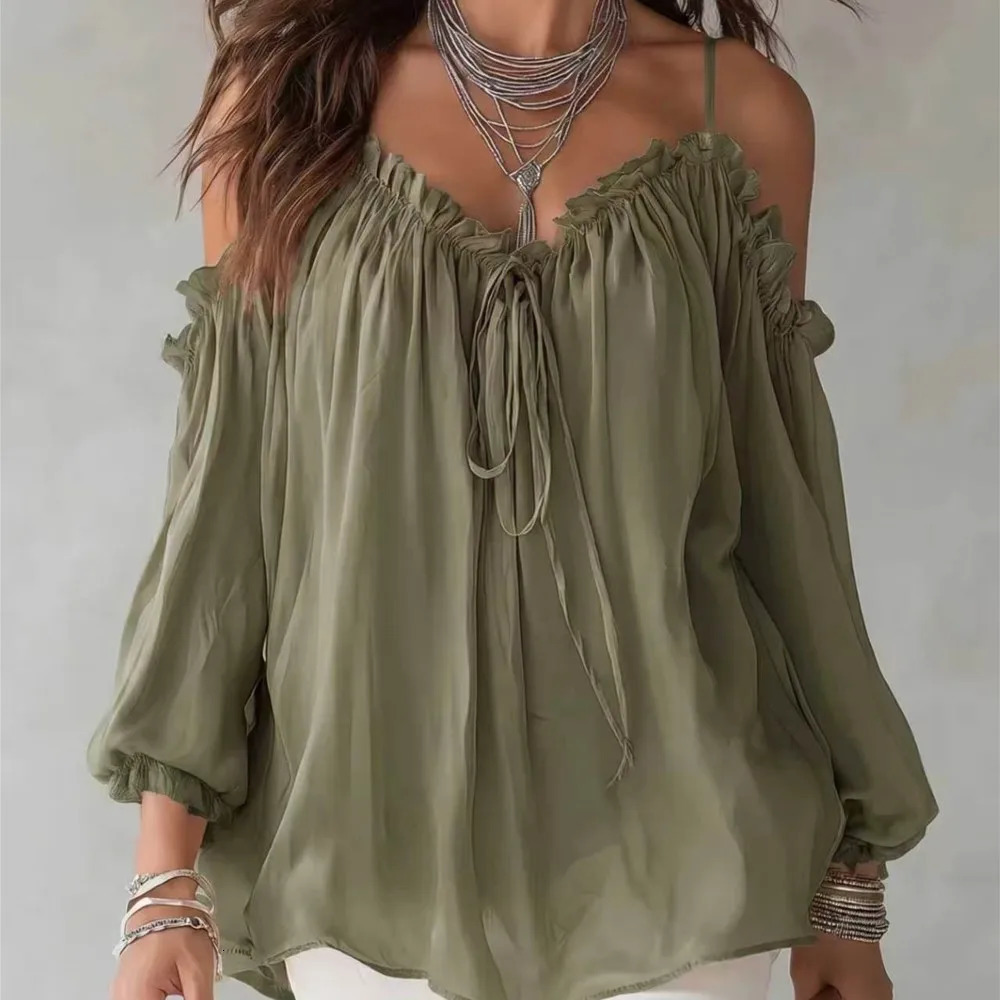Spring Autumn Casual Solid Color Loose Simple Comfortable Lazy Style Longsleeved Suspenders Ruffled Vneck Offtheshoulder Top 260730