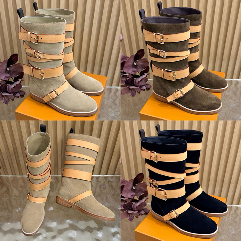 Bohemian Amiral Flat Boot Womens Designer Retro Boots Multi Buckle Fashion Boots Simple Small Outdoor Trendy Leather Boots Autumn Winter New Collect