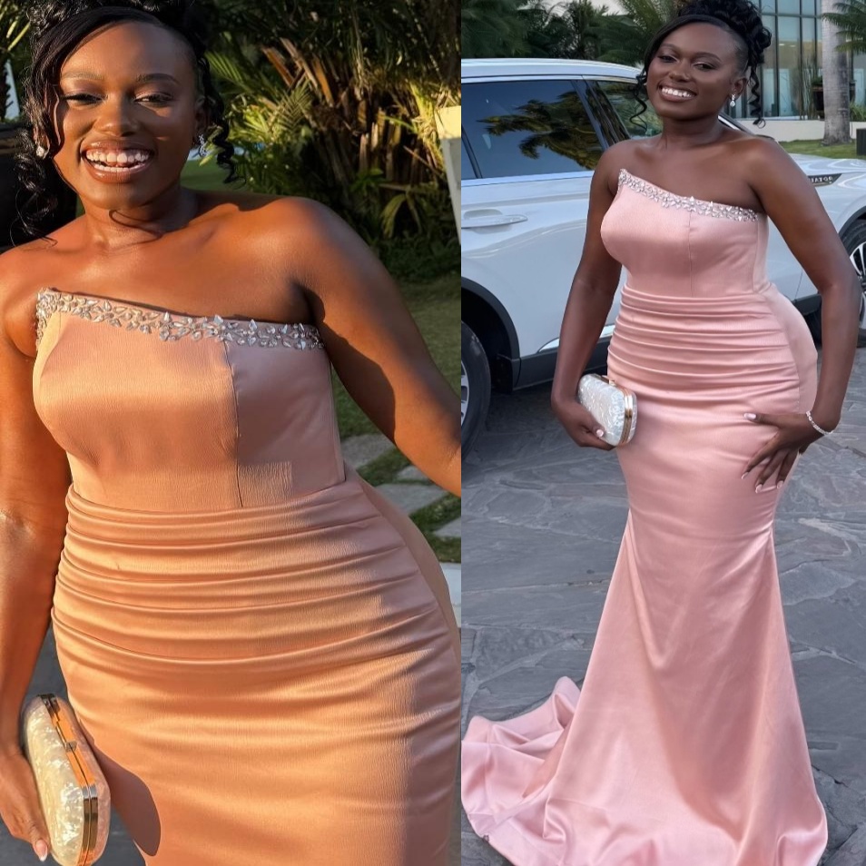Pink 2026 Mermaid Bridesmaid Dresses Strapless Crystals Satin Evening Prom Second Birthday Dinner Party Formal Guest Gowns Dress ZJ0356