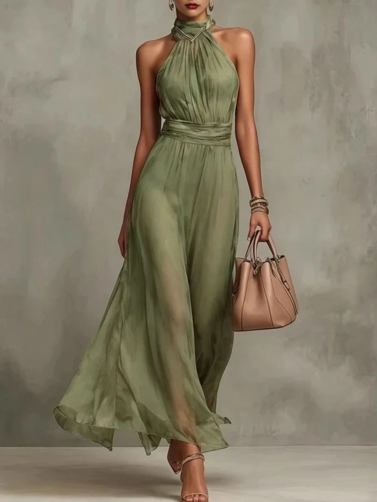 Elegant Chiffon Dress 2026 Fashion Women Solid Halter Maxi Dress Sleeveless High Neck Ruched Waist Evening Party Dress 260805