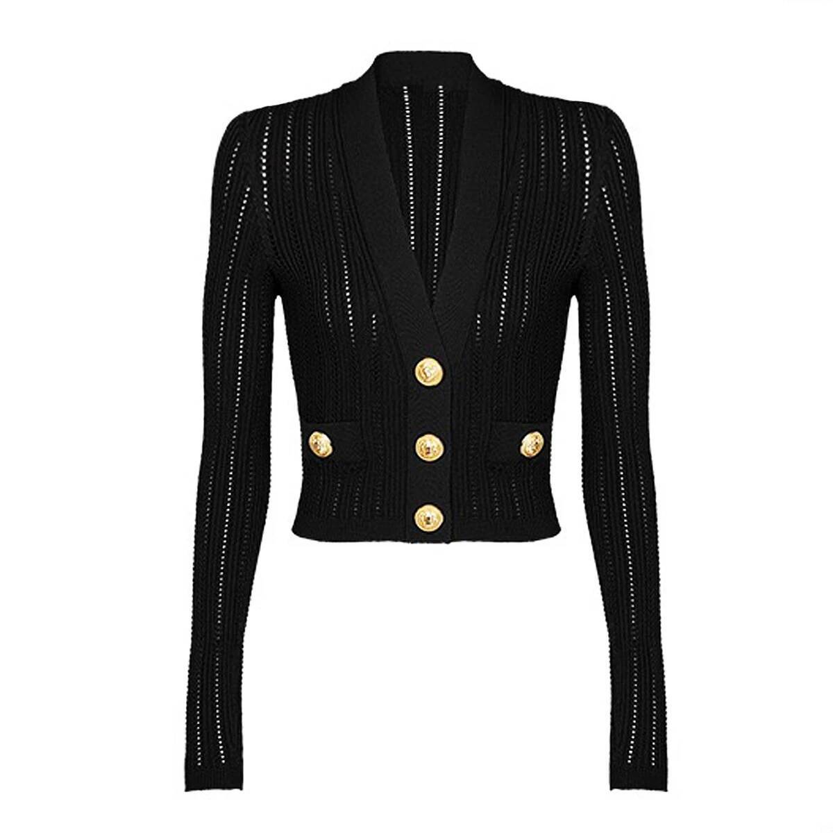 SML Quality Fashion Hollow High Elastic Knitted Fabric V-Neck Button Long Sleeve Slim Designer Fashion Fit Temperament Casual Women Cardigan