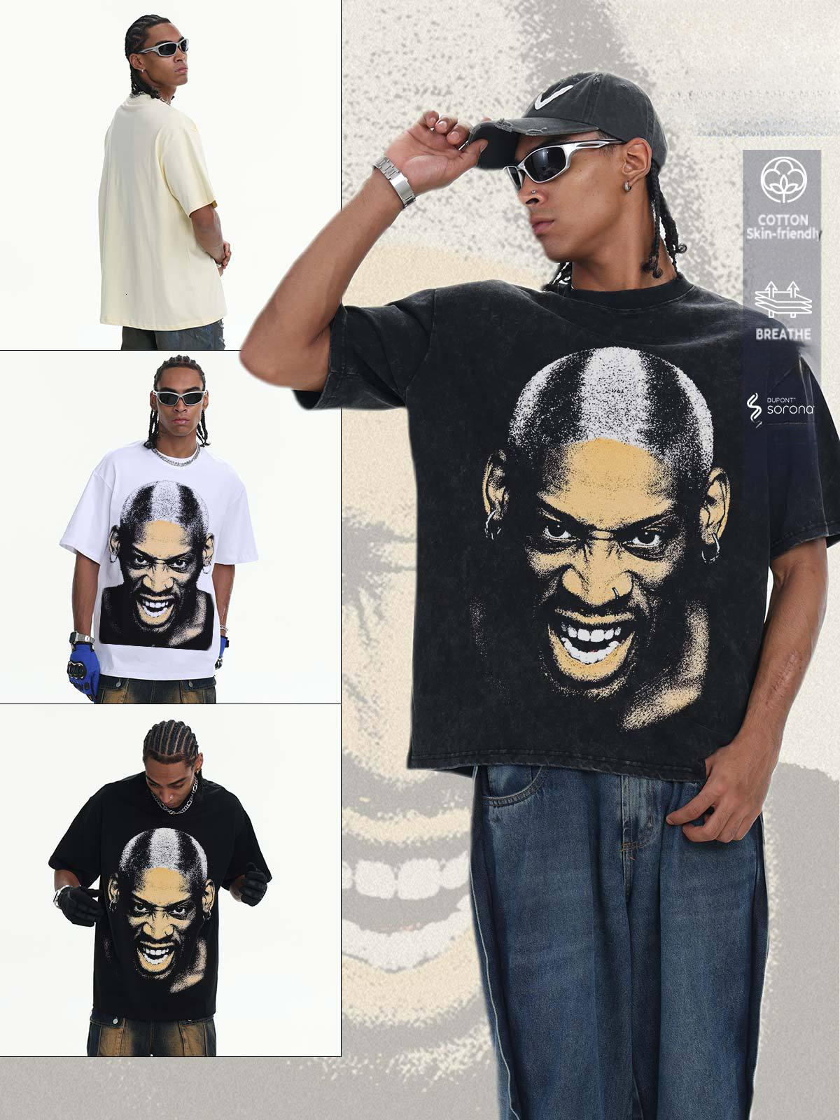2026 washed T-Shirt man face printing American retro style heavy cotton snow-washed summer breathable loose top trendy men's T-shirt