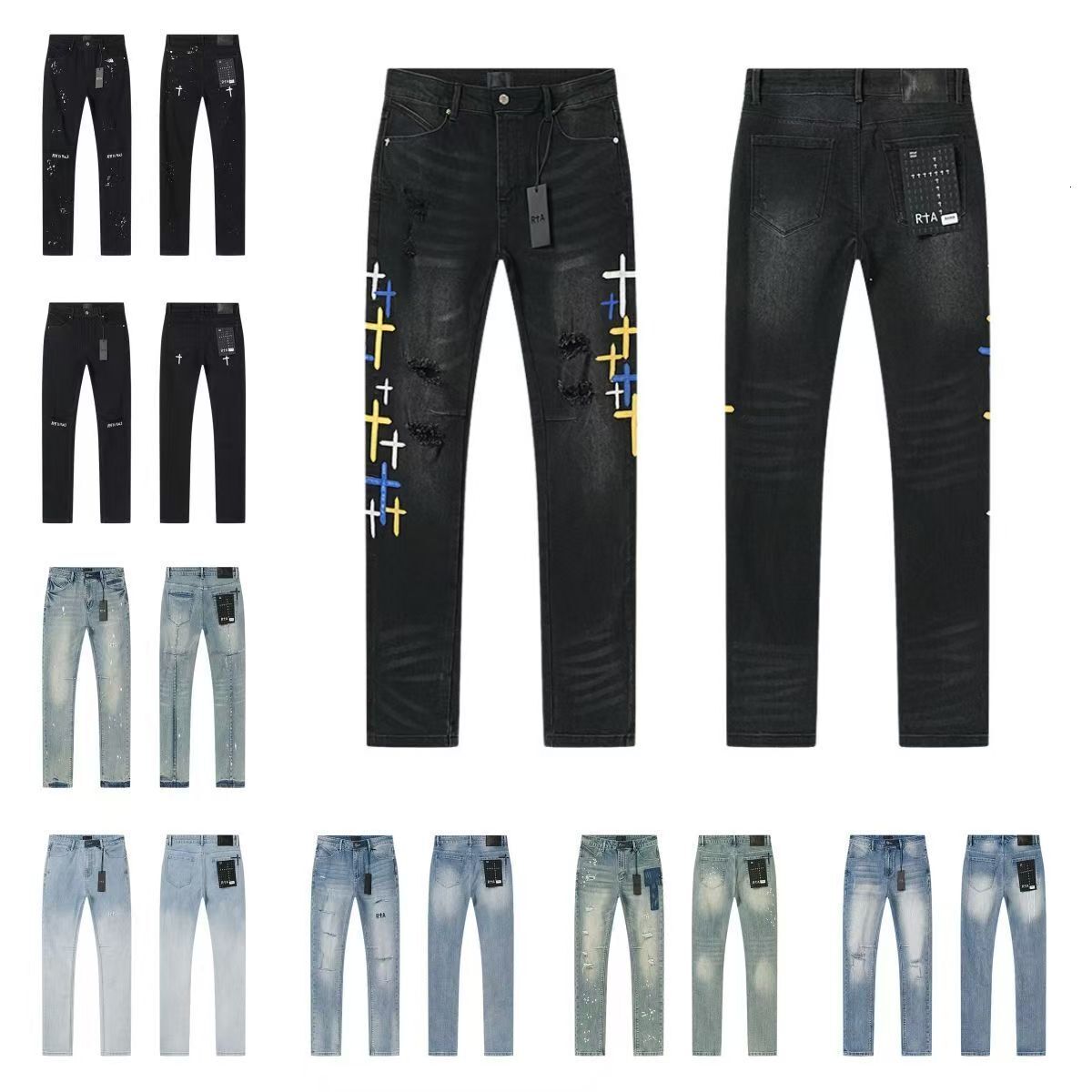 RTA R+A Skinny Jeans for Men Women Unisex Distressed Ripped Washed Vintage Embroidered Heavyweight Denim Pants Biker Jean 948 4d