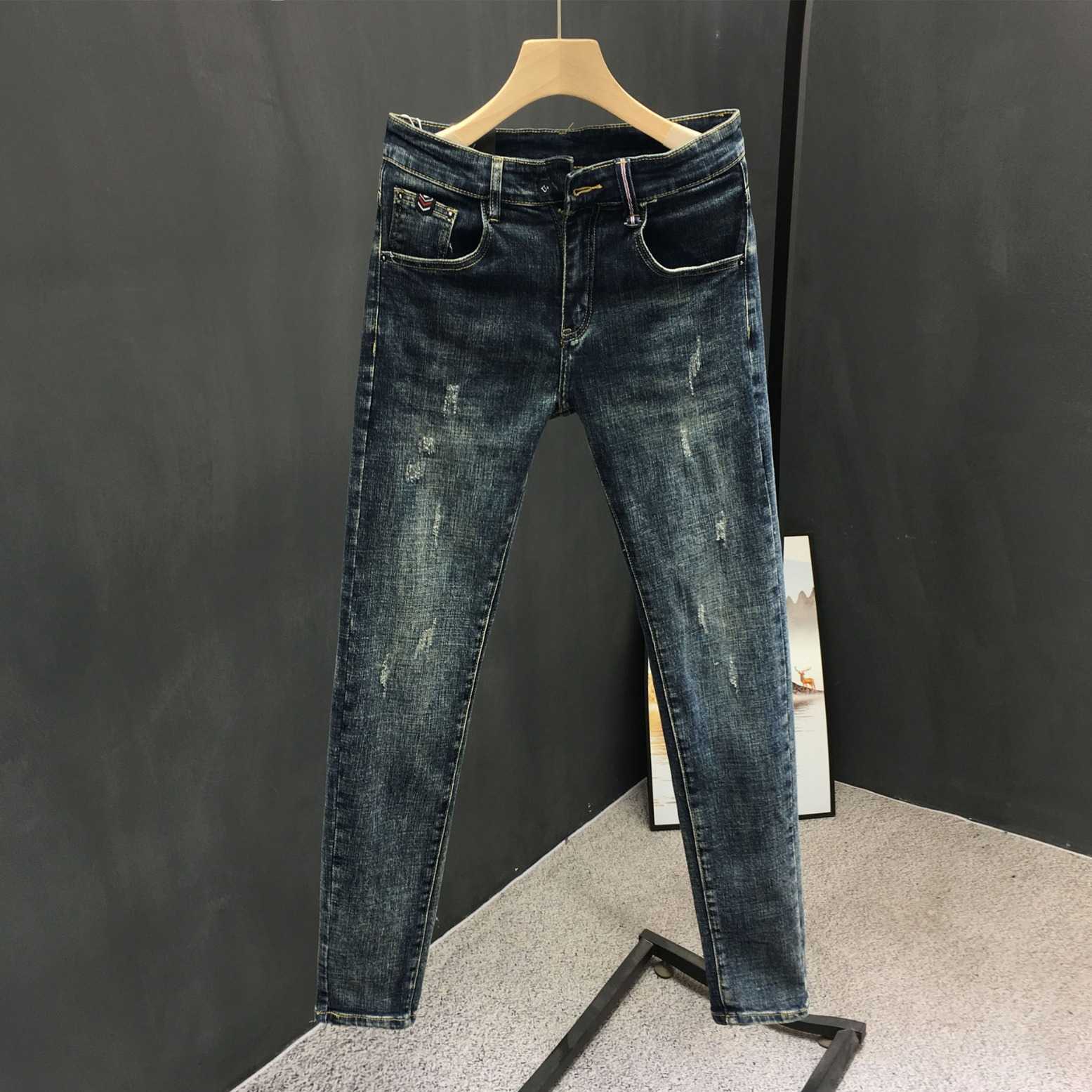 Men's jeans spring and autumn trendy brand 2026 new model washed simple distressed slim fit skinny Korean style fashionable and versatile S2608