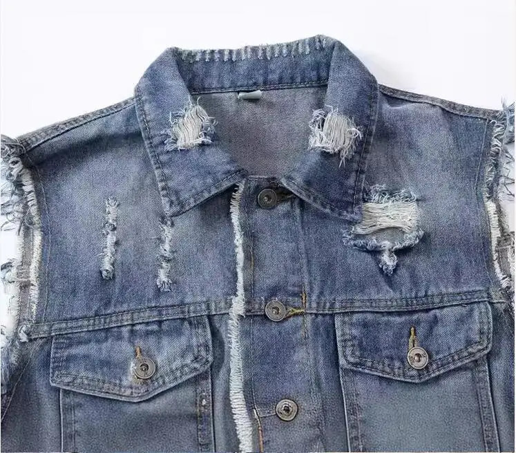 Fashion Men Blue Casual Ripped Denim Vests Jackets Man Trendy Sleeveless Coats Male Streetwear Slim Fit Jeans Waistcoats 5XL 260803