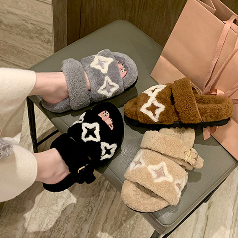 Designer Autumn And Winter Fuzzy Slippers In Stock Drop Shipping Available. Women's Thick-Soled Wool Star Plush Slippers With Fleece Lining For