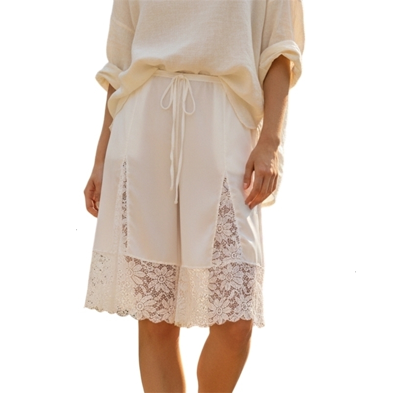 Maemukilabe Women Lace Trim Silk Shorts Y2k Half Slip Pajamas Cute Bow Coquette Pettipants Bloomers Patchwork Lounge Midi Pants 260730