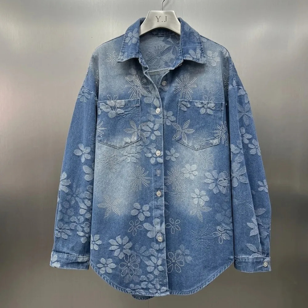 SuperAen 2026 Spring Korean Style Diamonds Flower Plaid LongSleeved Denim Shirt Coat Womens Loose Casual Tops 260730