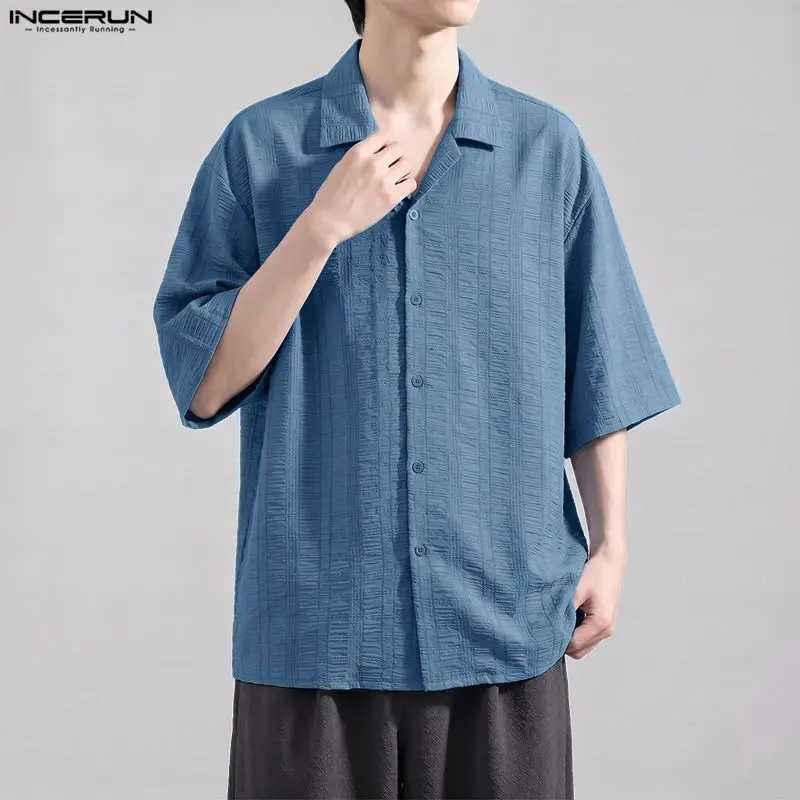 INCERUN Men's Shirts Solid Color Lapel Short Sleeve Korean Style Men Clothes Summer Streetwear 2026 Fashion Casual Tops For Man Z260805