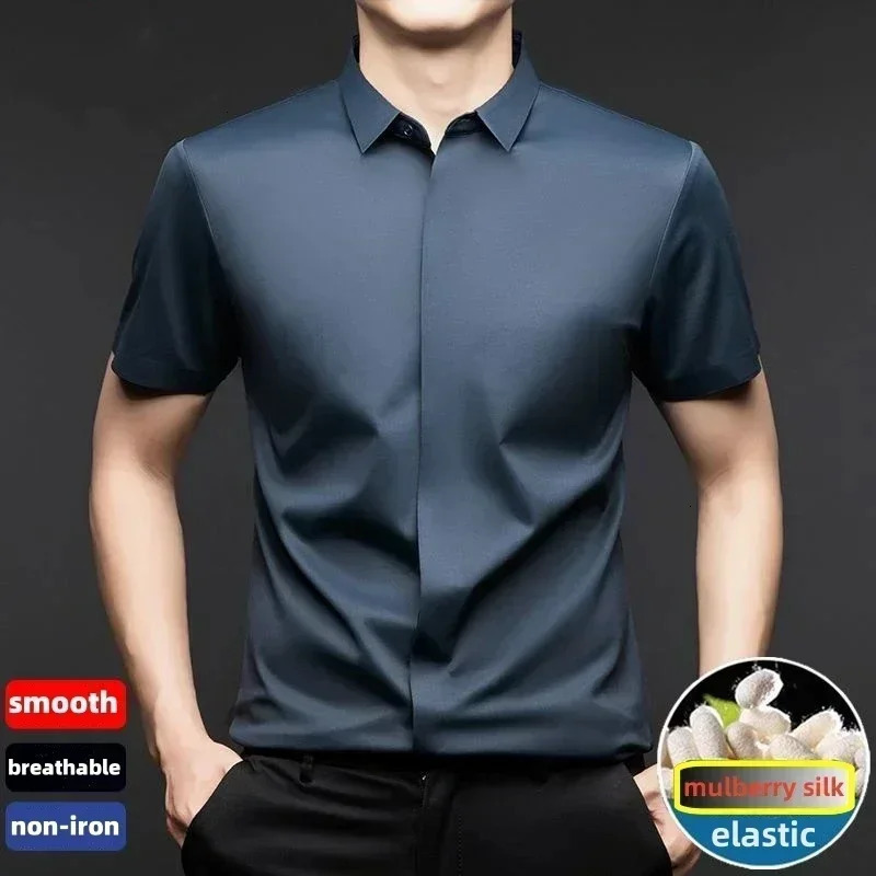 High end Mulberry Silk Dress Shirts Business Men Wrinkle Resistant Button Invisible Elastic Tops ious Male Quality Clothing 260805