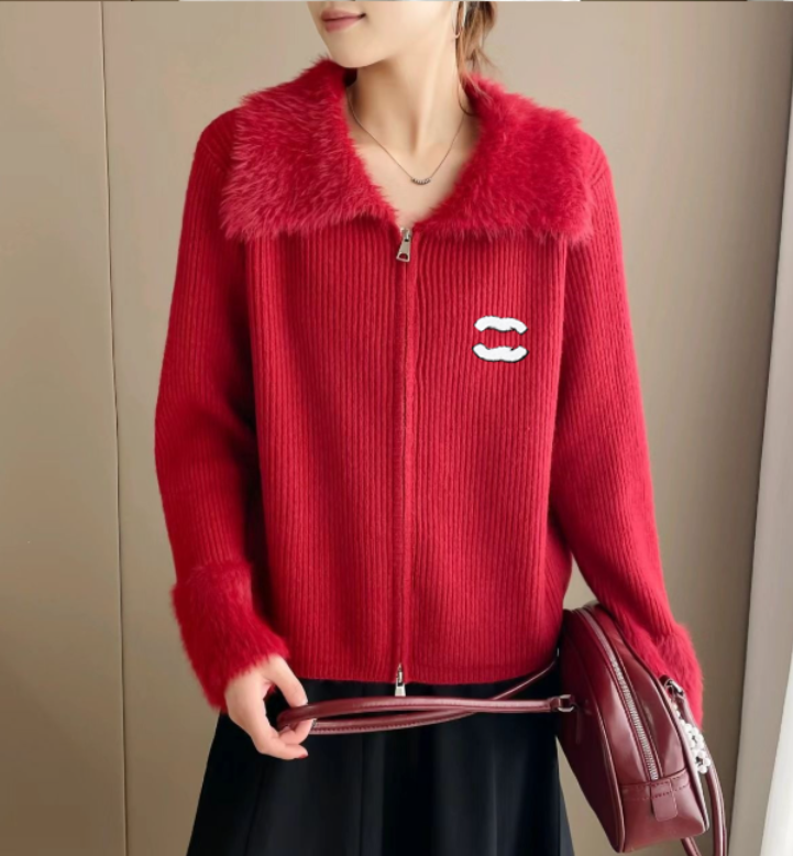 designer women luxury long sleeve sweaters womens double zipper Fuzzy collar jumpers autumn spring Knitted coat jacket tops