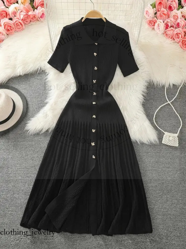 Womens Knit Black Rice Single Chest Knitted Long Skirt Green Elegant Office Short Sleeve Folded Fashion Summer Beach Sandro Dress 8e9