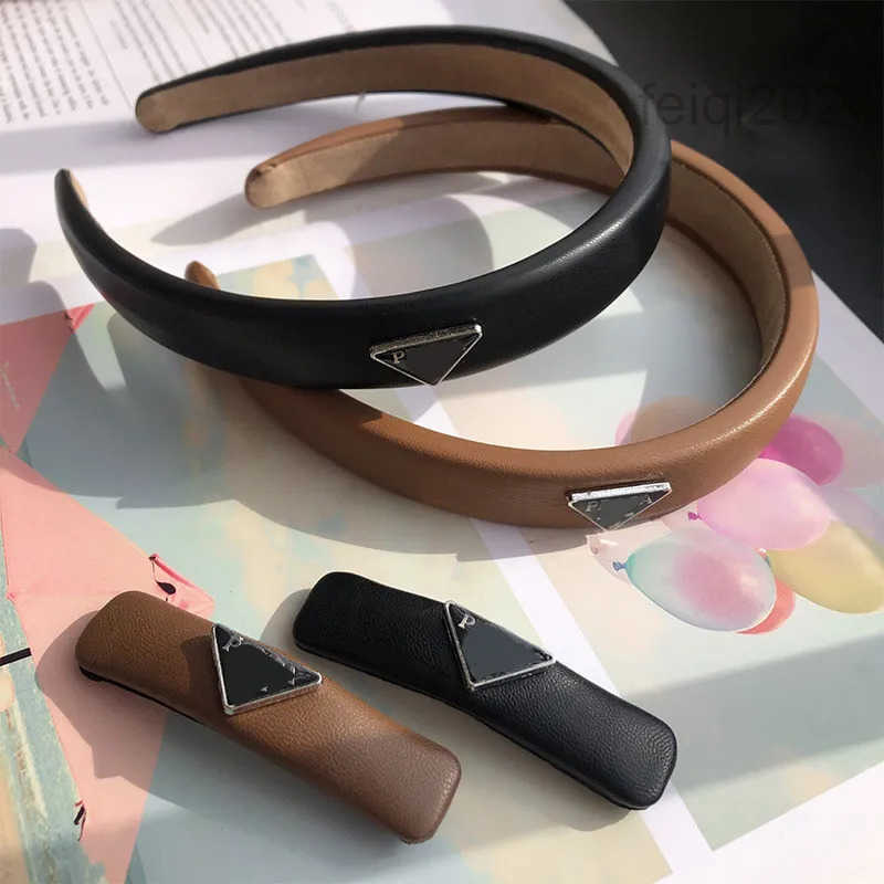 Designer Black Triangle Hairpin Headbands Faux Leather Elastic Hair Hoop Handmade Metal P-Letter Retro Style Headbands Style Exaggerated Personality