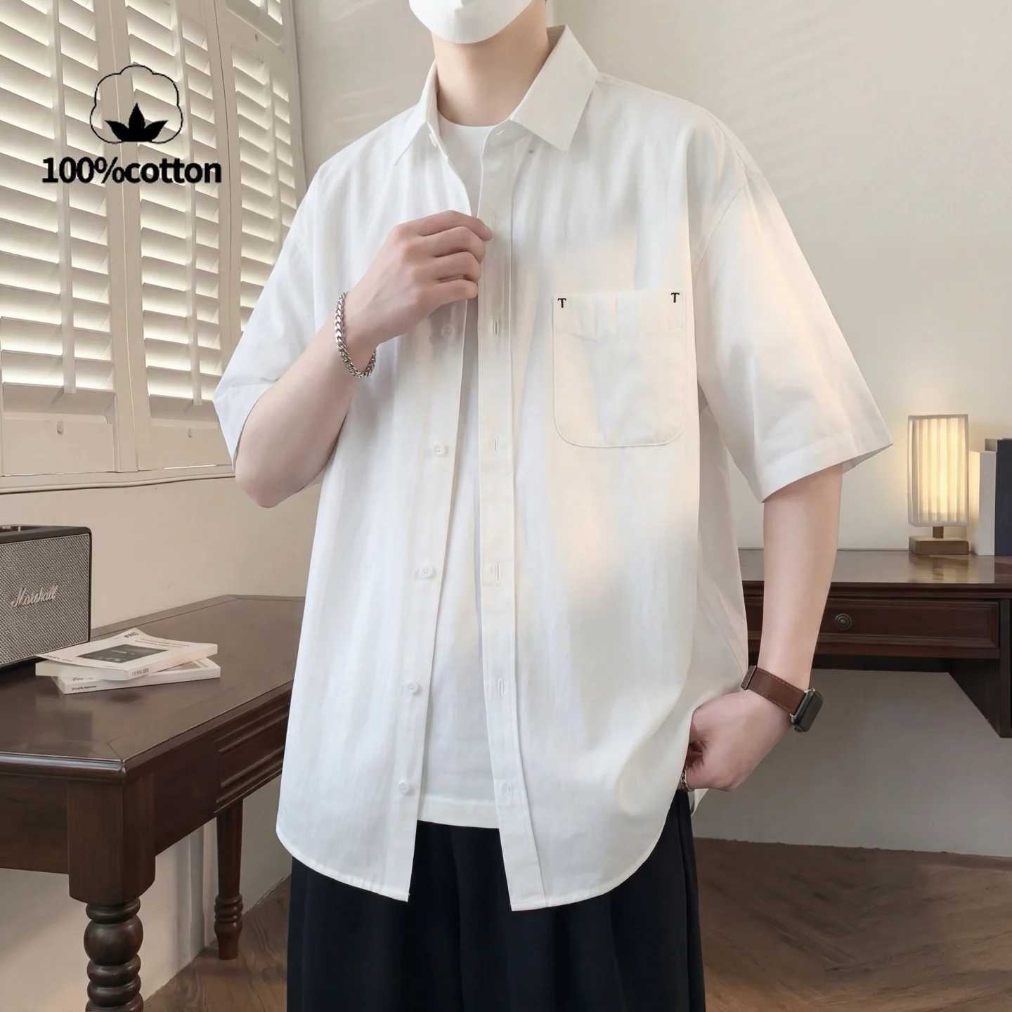Mens 100% Cotton Short Sleeve Shirt Breathable Casual Solid Color LooseButton Down Top Classic Turn-down Collar Daily Wear Z260805