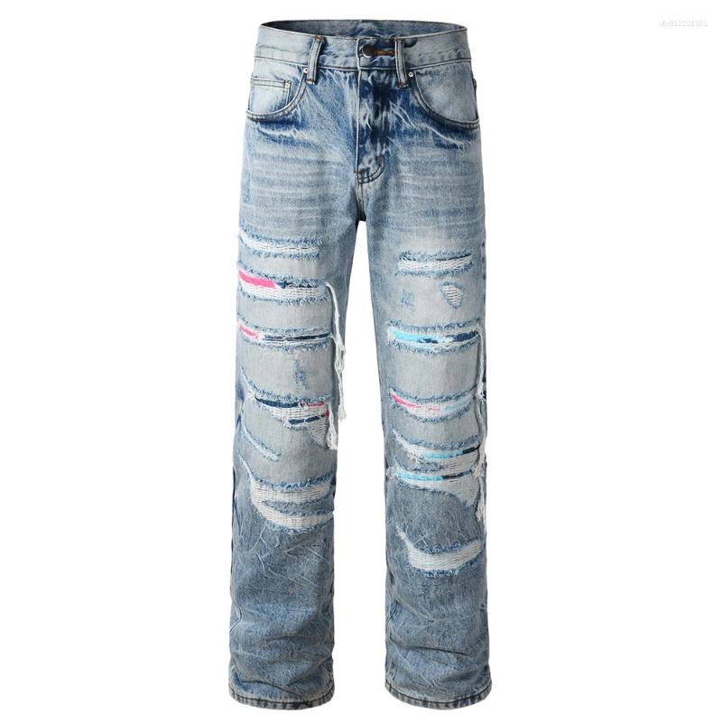Men's Jeans Patchwork Denim Streetwear Ripped Patch High Quality Cotton Pants Casual Blue Loose Straight Trousers