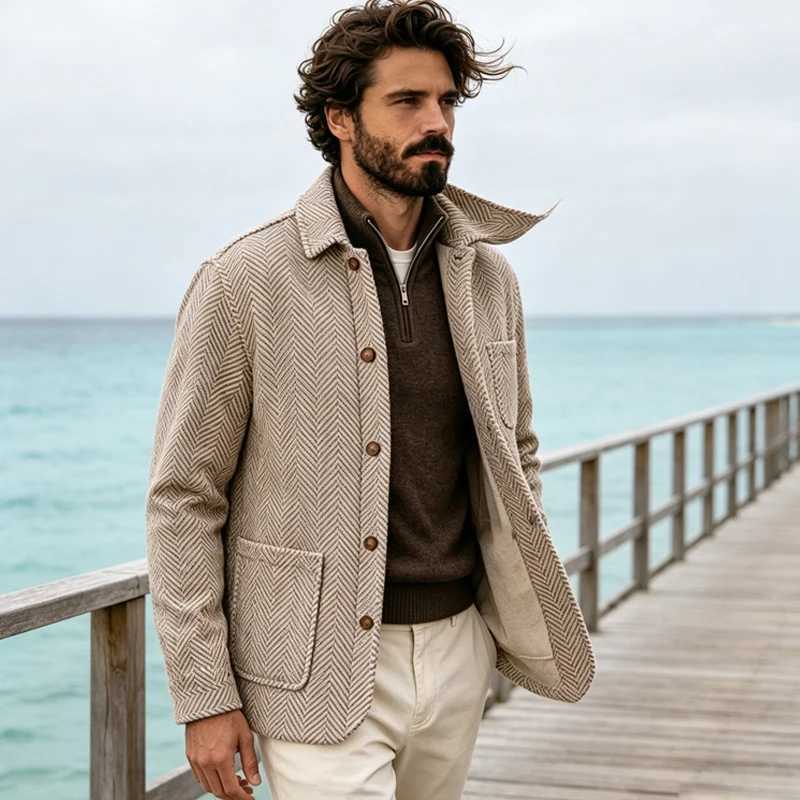 Vintage Men's Herringbone Pattern Blazer Wool Blend Lapel Collar Slim Fit Breathable Jacket Business Casual For DailyWear Office S260805T6A6