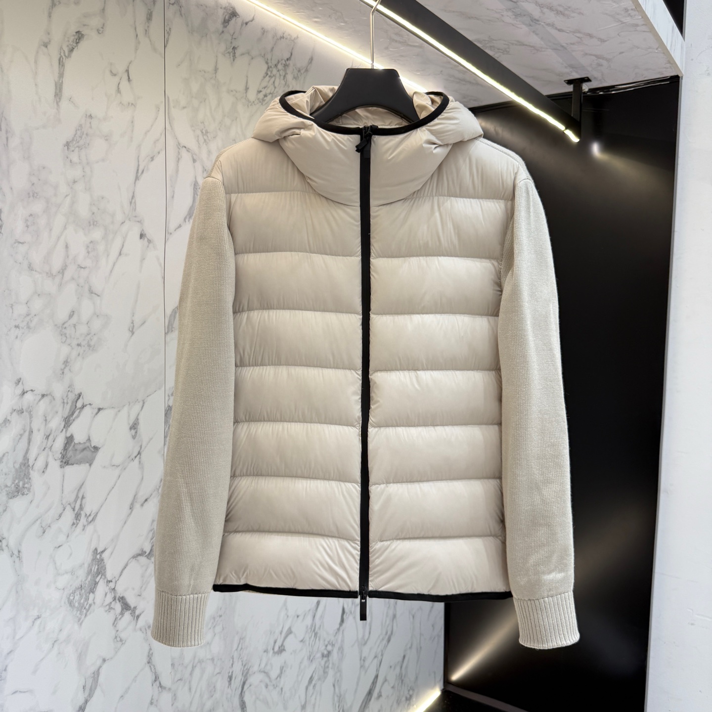 Black Funnel Neck Knit Jacket Men Wool Down Front Zip Up Quilted Warm Coat
