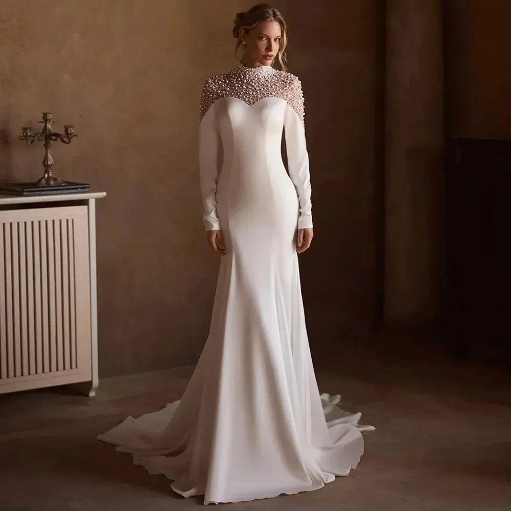 High Neck Beaded Long Sleeve Satin Mermaid Wedding Dress Pearls Shoulder Appliques Bridal Gown With Train Custom Made Plus Size