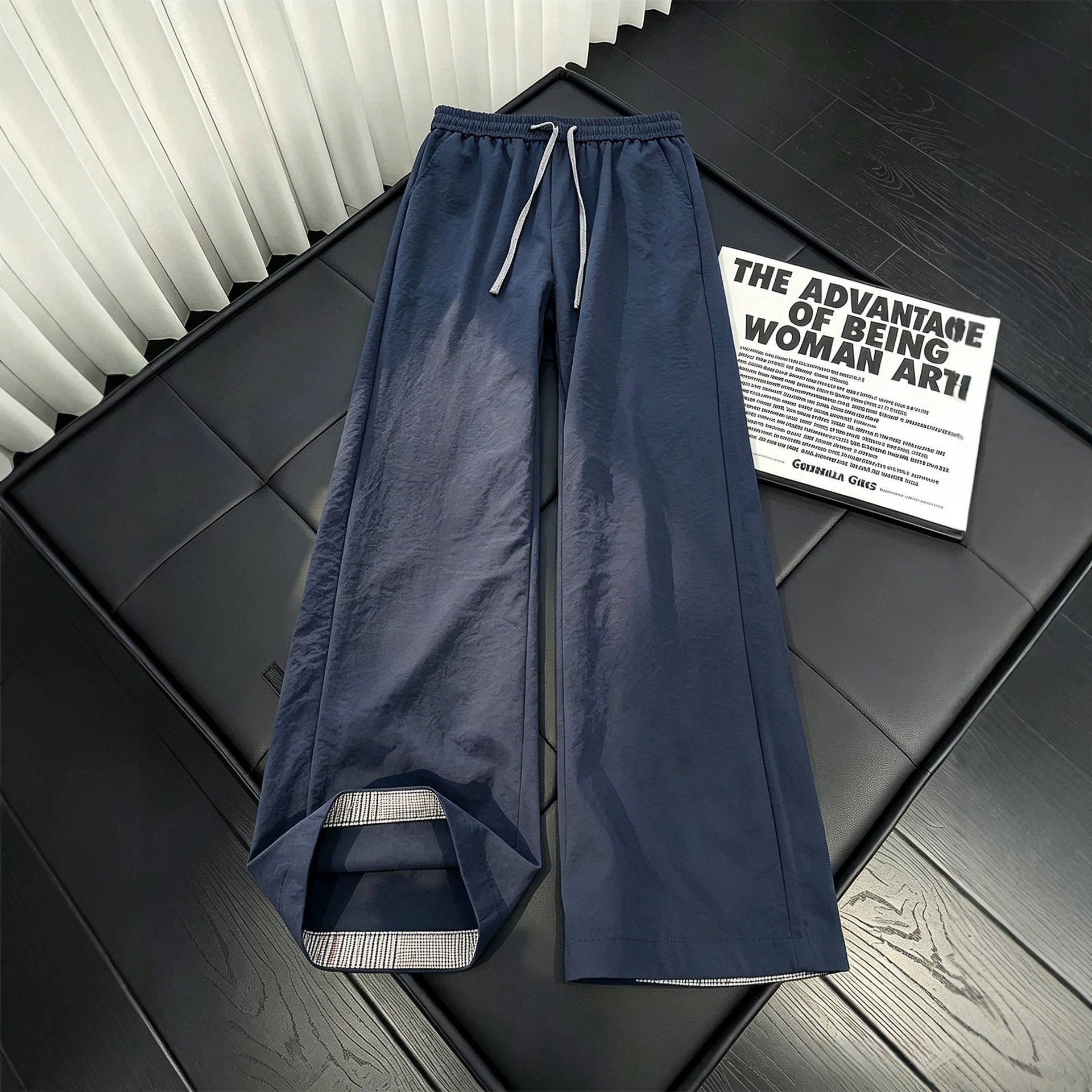 Luxury Brand Designer Navy Tartan Patchwork Quick-dry Pants For Men, Summer High-end Curved Blade Ice Silk Straight-leg Sporty Casual Trousers