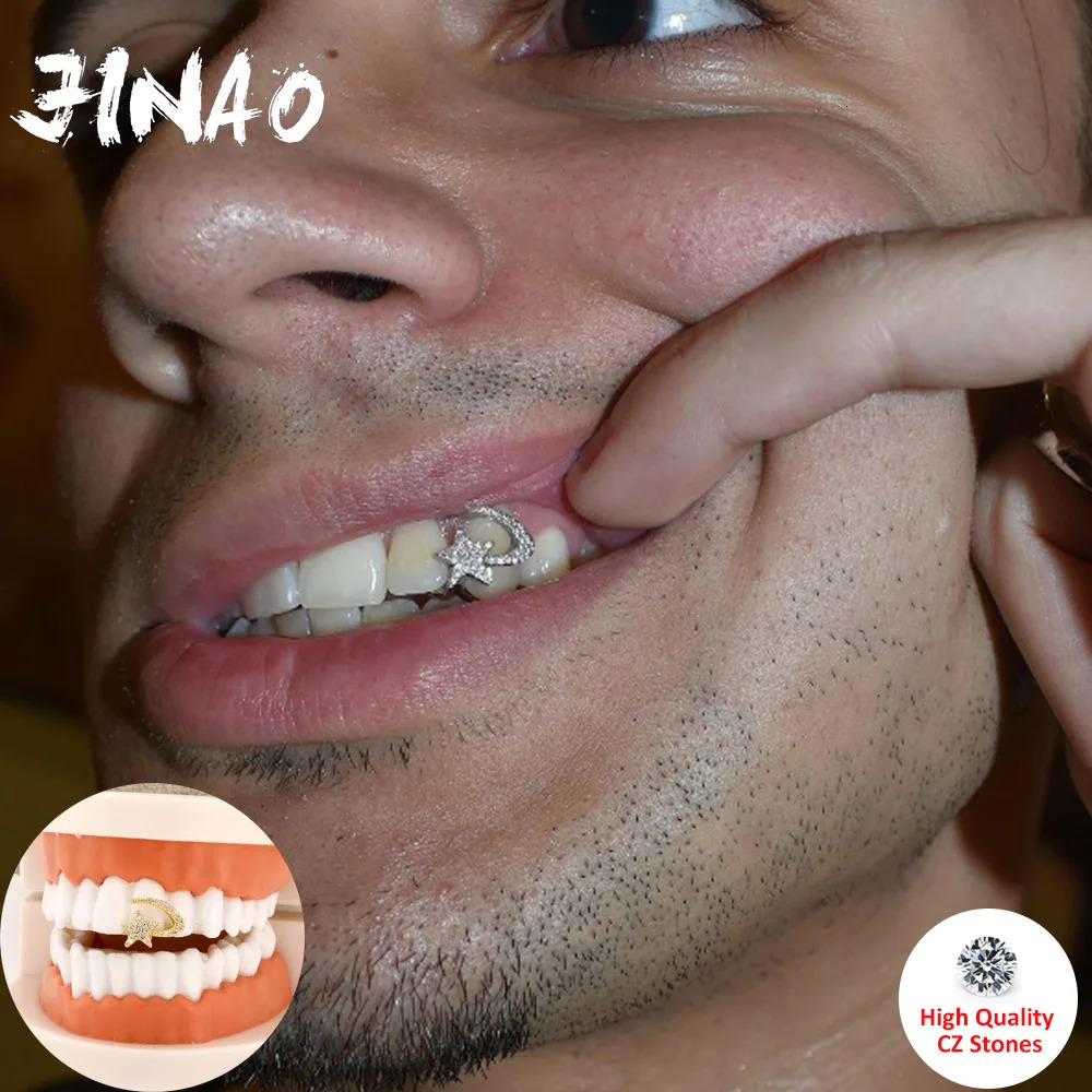 JINAO Hip Hop Iced out CZ stone hook Spin Star double Teeth Men Women TopBottom shinny Grill Punk Rapper Christmas 260727